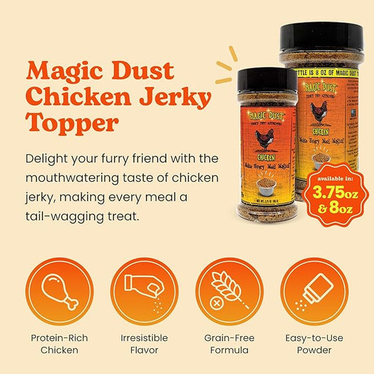 Wild Meadow Farms - Magic Dust Chicken Jerky Topper, Single Protein Pet Food Topper for Dogs & Cats, Enhance Flavor & Elevate Mealtime Excitement for Picky Eaters - 3.5 Ounce Bottle in Chicken Flavor
