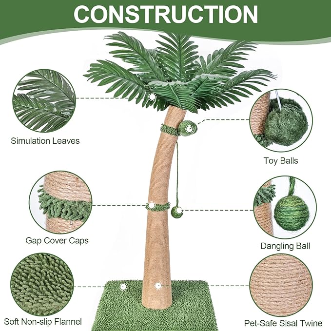 40'' Tall Cat Scratching Post Cat Tree, Curved Design Cat Scratcher Post with 3 Interactive Balls, Natural Sisal Rope Cat Scratching Posts for Indoor Cats Adults Kittens, Multi-Combinable (Style A)