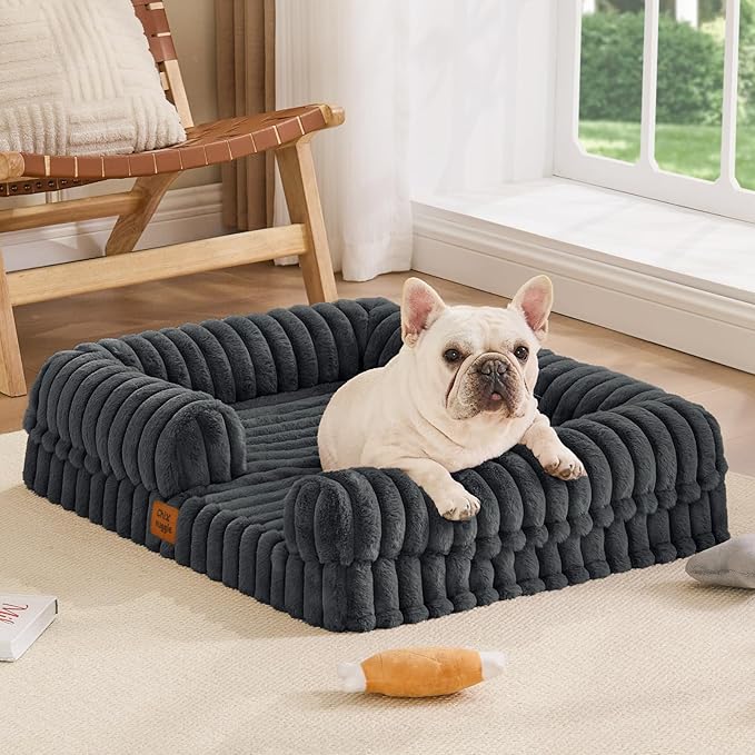 ChiXnuggle Orthopedic Dog Bed with Bolster Sides for Sleeping, Fluffy Plush Rectangular Dog Bed Medium Sized Dog, Luxury Striped Faux Fur Waterproof Dog Couch with Removable Washable Cover, Dark Grey