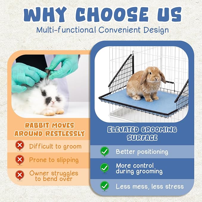 AceOrbit 18 x 12 x 8 Inch Foldable Hanging Rabbit Grooming Table with Non Slip Blue Felt Mat Hooks Handle Small Animal Grooming Kit for Bunny Guinea Pig Chinchilla Ferret Hedgehog Gerbil Cat Supplies