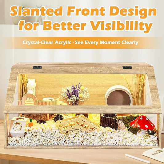 PROLEE Hamster Cage Chewproof, 40" x 20" x 20" Sloped Mice and Rat Habitat with Clear View, Solid Built with Lockable Design and Openable Top (White Oak)