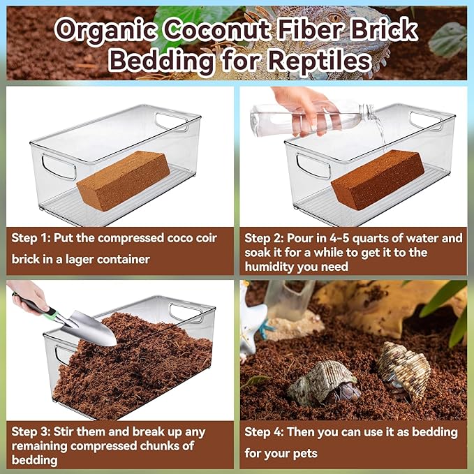 Legigo 4 Pack Coconut Fiber Substrate, Natural Coco Coir Bedding for Reptiles Turtles, Tortoises, Snake, Hermit Crab, Gecko, Lizard, Bioactive Terrarium Soil for Humidity Control and Plant Substrate