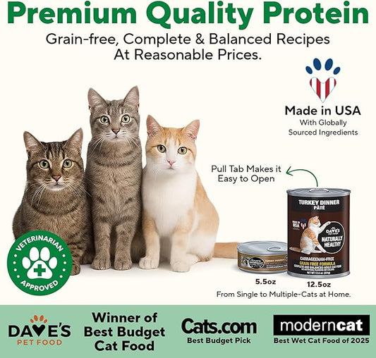 Dave's Pet Food Grain Free Wet Canned Cat Food (Turkey), Made in USA Naturally Healthy, Added Vitamins & Minerals, Gluten-Free, 12.5 oz Cans (12 Pack)