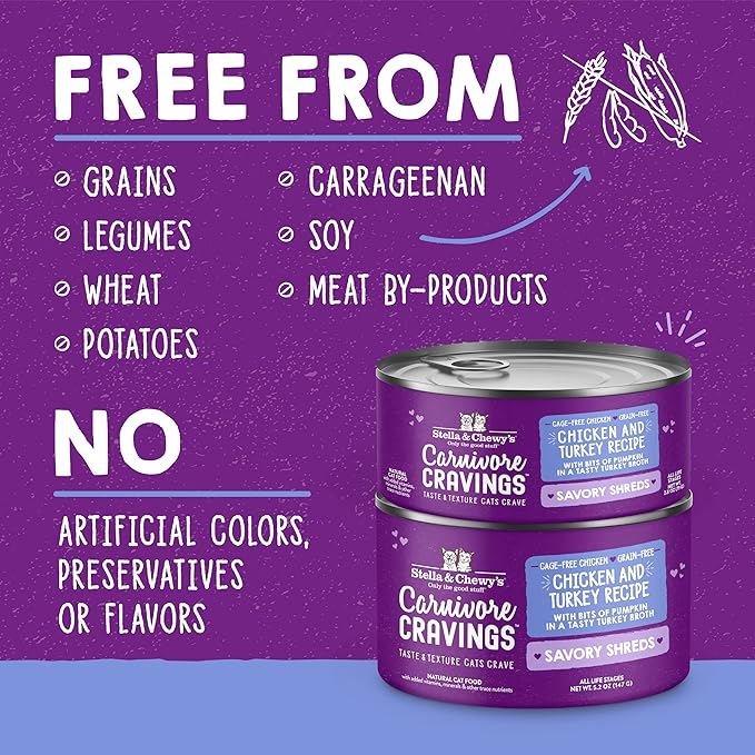Stella & Chewy's Carnivore Cravings Savory Shreds - Wet Cat Food - High-Moisture Formula with Premium Real Meat - Perfect for Picky Eaters - Chicken & Turkey, 5.2 oz, 8 Count