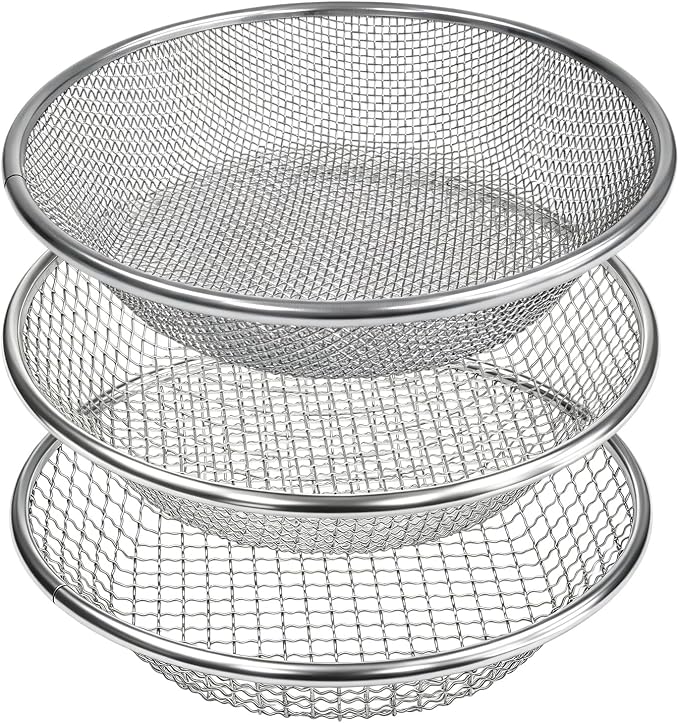 3 Pack Soil Sifter for Gardening, Heavy Duty Galvanized Steel Compost Sieve, Round Garden Sifter for 5 Gallon Bucket, 3 Mesh Sizes (1/8", 1/4", 3/8")