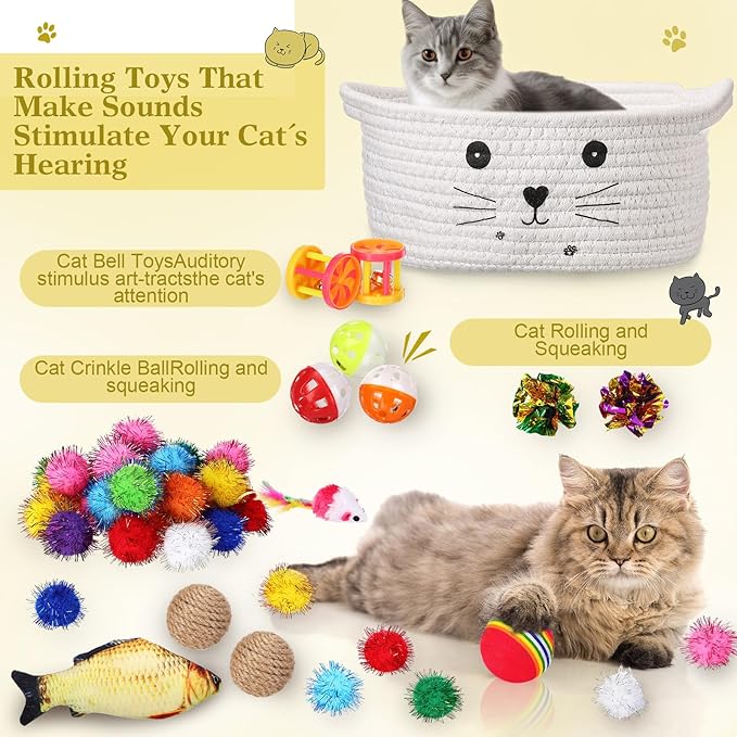 Zopeal 58 Pcs Mother’s Day Cat Storage Basket Gift Toys Set, Colorful Flashing Balls Pet Bell Crinkle Balls Spring Toys Attract Cat to Swat, Hunt, Interactive for Pet(White,9.8 Inch)