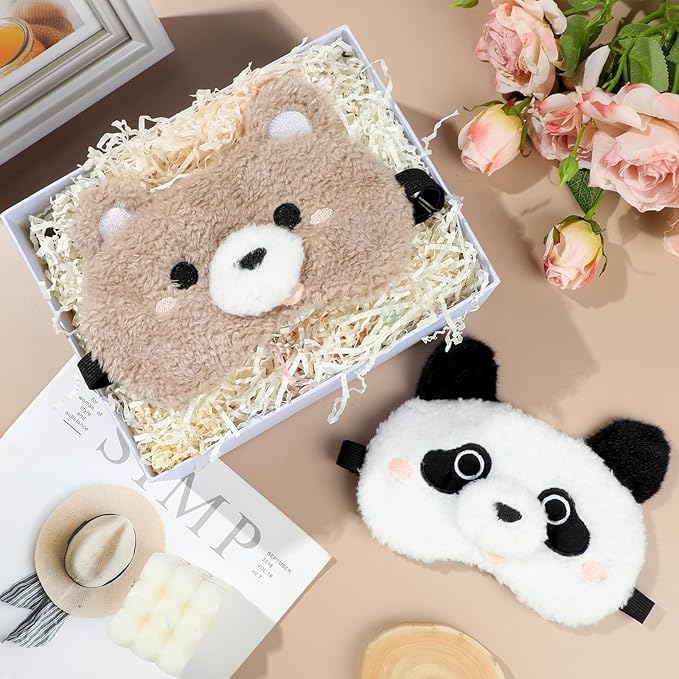 NEWEST 2 Pcs Cute Plush Animal Sleeping Masks, Soft Panda Bear Eye Cover for Sleeping with Elastic Strap, Funny Cartoon Eyeshade Blindfold for Blackout Travel Nap Night Sleep Party Girl Boy