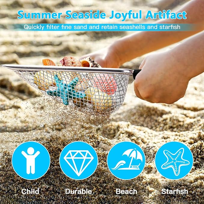 Beach Mesh Shovel for Shell Collecting, Stainless Steel Sand Sifter Scoop for Kids, Sand Scooper Beach Toy for Seashells, Shark Teeth, Sea Glass & Treasure Hunt, Black