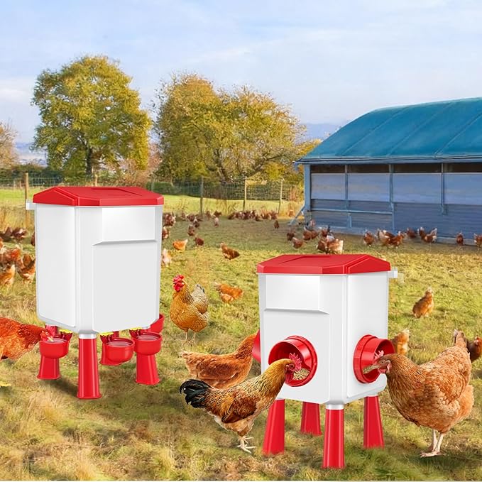 Chicken Feeder and Waterer Set 3 Gallon/26.4 Pounds, Automatic Chick Feeder and Waterer Set No Waste, Poultry Feeder Large for Hens/Ducks/Poultry