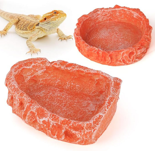 Reptile Water Dish Food Bowl for Bearded Dragon Tank Accessories, Hyggerzoo Reptile Rock Feeder for Tank 2 Pack Corner Resin Terrarium Bowl for Leopard Gecko Hermit Crab Tortoise Snake, Orange