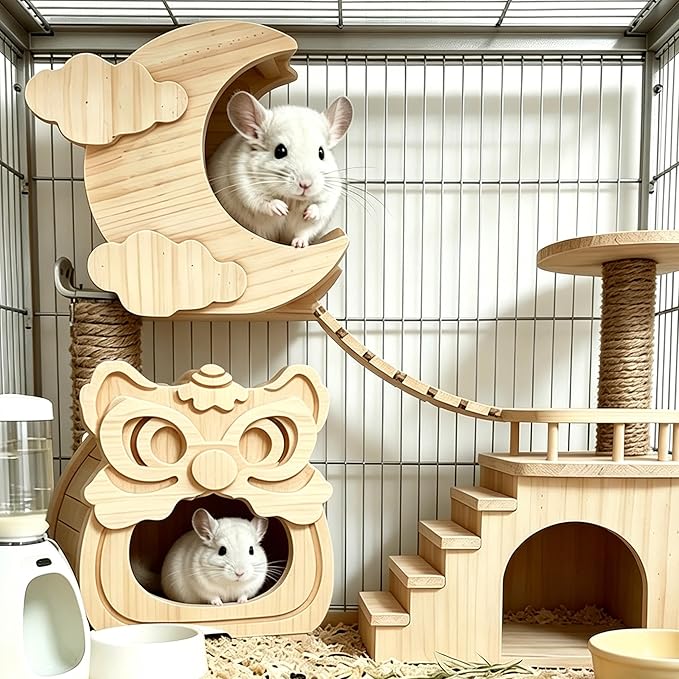 Chinchilla Hideout Wooden Hides for Guinea Pigs, Small Animal Nature Wood House Chinchilla Cage Accessories for Hamster, Squirrel, Sugar Gliders etc (Lion Shape)