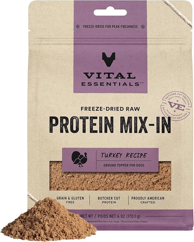 Vital Essentials Freeze Dried Dog Food Topper, Raw Turkey Ground Topper for Dogs | High Protein, Grain Free Dry Dog Food Mix-in | 6 oz Bag