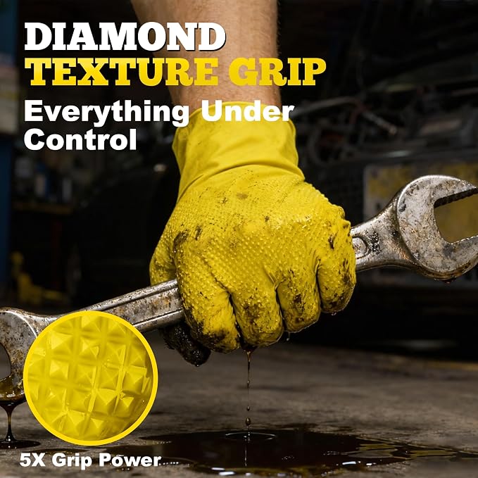 TitanFlex Heavy Duty Industrial Nitrile Gloves with Raised Diamond Texture, 8-mil, Latex Free (Green/Dark Green/Yellow)