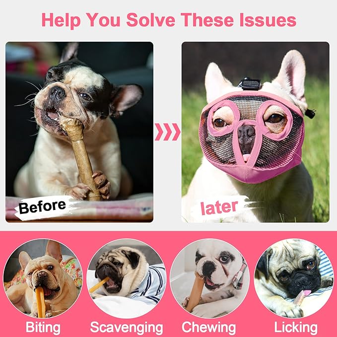 Short Snout Dog Muzzles- Adjustable Breathable Mesh Bulldog Muzzle for Biting Chewing Licking Training Grooming Dog Mask (Pink, Small/9"-12")