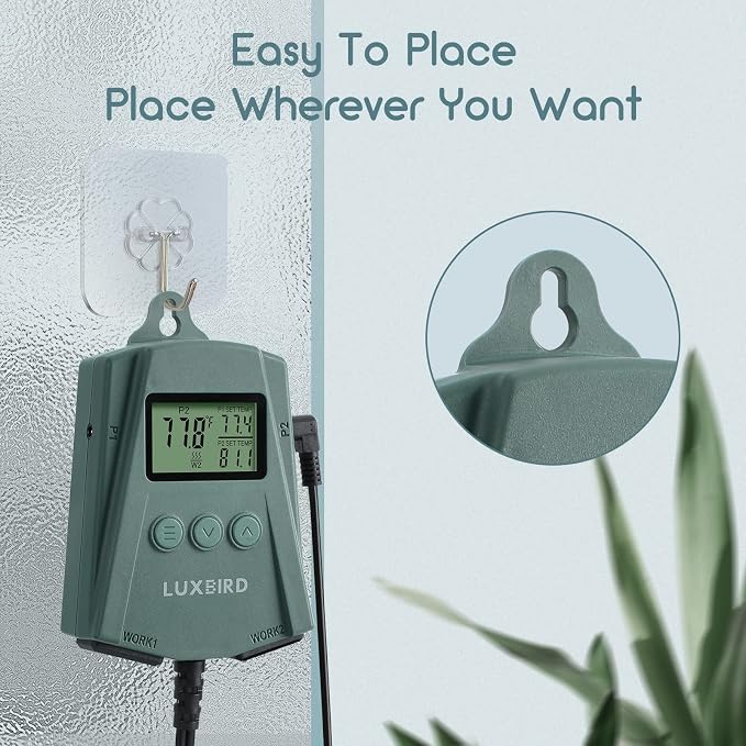 LUXBIRD Digital Temperature Controller LB-2SC, Thermostat Outlet for Reptile Terrarium Greenhouse Grow Tent, 2-Year Warranty, 2-Year Warranty (Green)