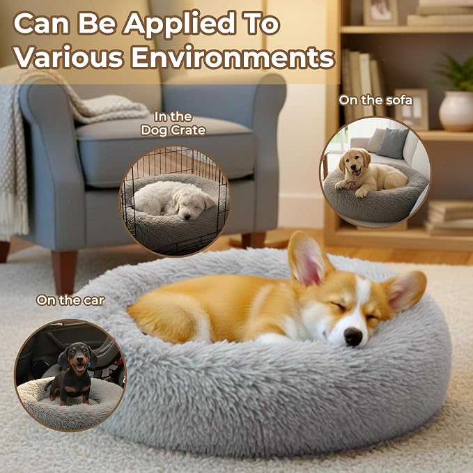 Calming Donut Dog Bed for Small Dogs, Anti-Anxiety Round Washable Plush Fluffy Faux Fur Large Cat Bed, 24 inches Fits up to 25 lbs Pets, Anti-Slip Waterproof Mute Base Gray