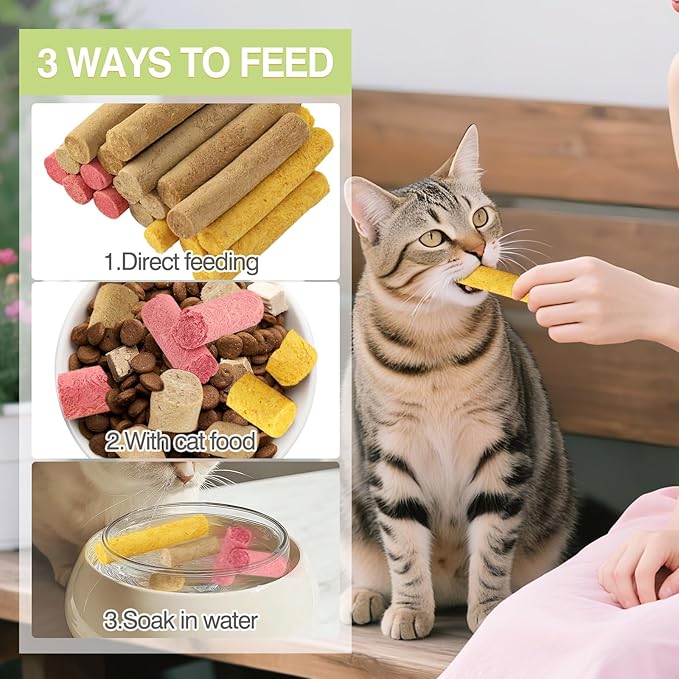 4 Flavors/110g Freeze-Dried Cat Treats,Chew Sticks for Cats and Dogs,Cats Dental Healthy and Hairball Control,Digestive Health Support,(Beef,Cat Grass Salmon,Chicken Pumpkin,Chicken Dragon Fruit)
