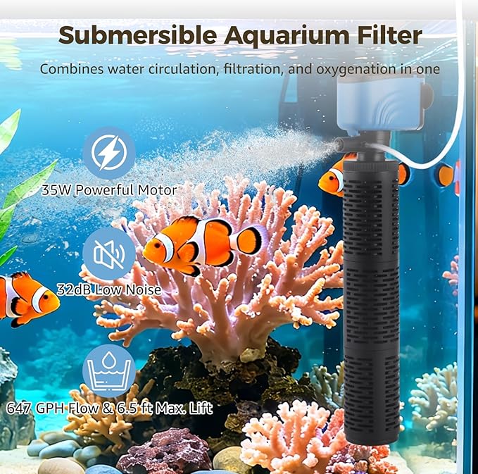 Submersible Aquarium Filter, 35W Aquarium Pump with Filtration, Aeration, and Water Circulation, Low-Noise Internal Fish Tank Filter for Saltwater and Freshwater