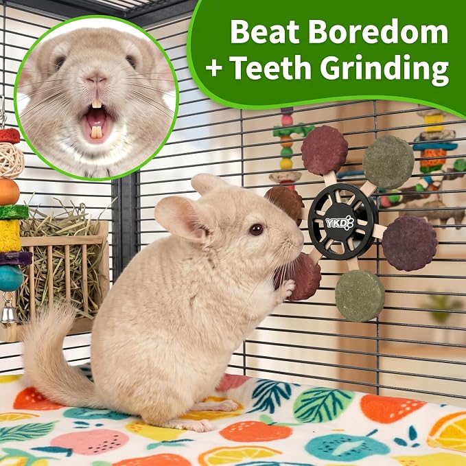 YKD Chinchilla Chew Toys, Rotating Spinner Toys + 12 Pcs Timothy Hay | Rabbit Chew for Teeth Grind & Digestion, Rust-Proof Aluminum Toy, for Rabbit, Bunny, Chinchilla, Hamster Dental Health