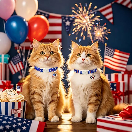 2 Pack 4th of July Cat Collars - Blue Stars & Stripes and Patriotic Popsicle Breakaway Cat Collars, Adjustable Soft Boy Girl Kitten Collar for Small Dogs Puppy with Bell & Pendant