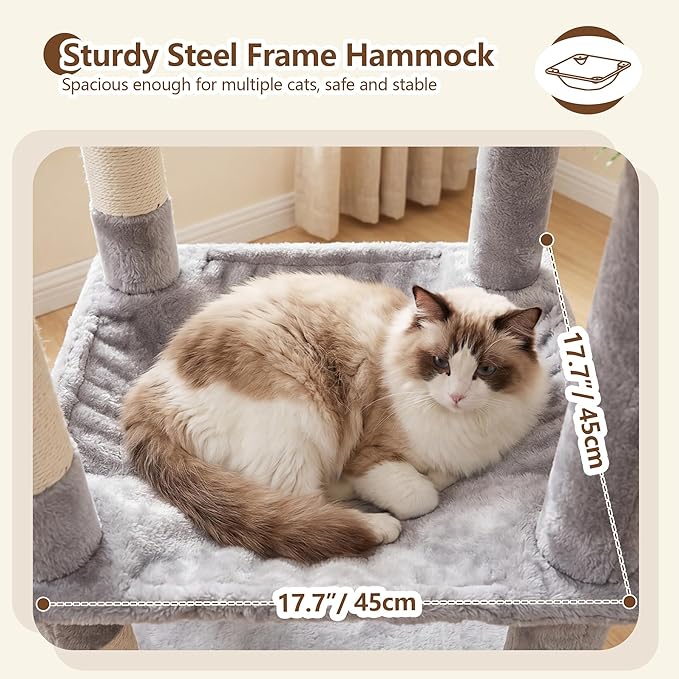 Heybly Cat Tree, 53.1-Inch Corner Stable Cat Tower for Large Indoor Cats, Well-Structured Interactive Cat Condo with Fan-Shaped Top Perch, Cozy Condo, Sturdy Base, Basket & Hammock,Light Gray HCT029W