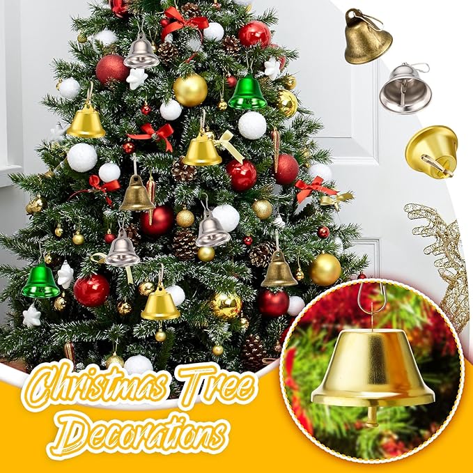 30 Pieces Craft Small Brass Bells for Crafts Mini Vintage Bells with Spring Hooks Tiny for Hanging Wind Chimes Making Dog Training Doorbell Wedding Decor, 1.65 x 1.5 Inch (Bronze, Silver, Gold)