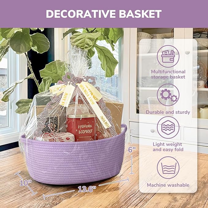 CHICVITA Small Woven Basket with Gift Bags & Ribbon Baskets for Gifts Empty, Rope Baskets for Organizing, Home Decoration for Kids,13.6"x 10" x 6", Purple