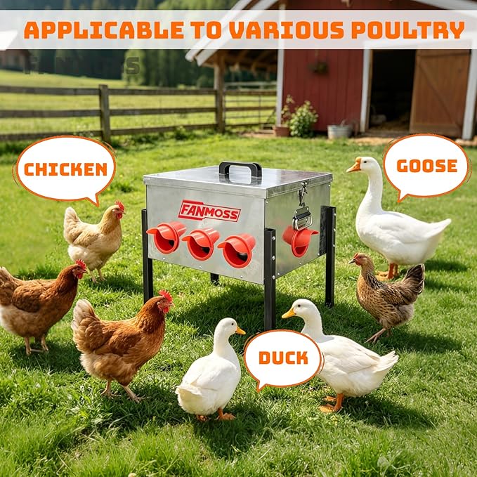 50lb Automatic Chicken Feeder, 8 Ports No Waste Chicken Feeder with Locking Lid, Adjustable Legs & Waterproof Silo, Large Metal Poultry Feeder for Hens, Ducks, Geese, Poultry