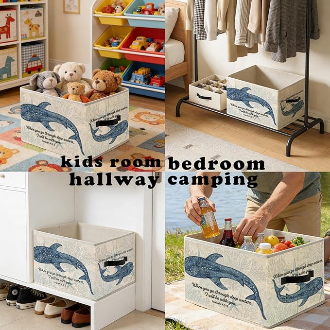 Ocean Whale Shark Christian Storage Bins, Coastal Isaiah 43:2 Bible Verses Foldable Closet Organizers Storage Basket Toybox for Clothes Bed Sheets Blankets Toys