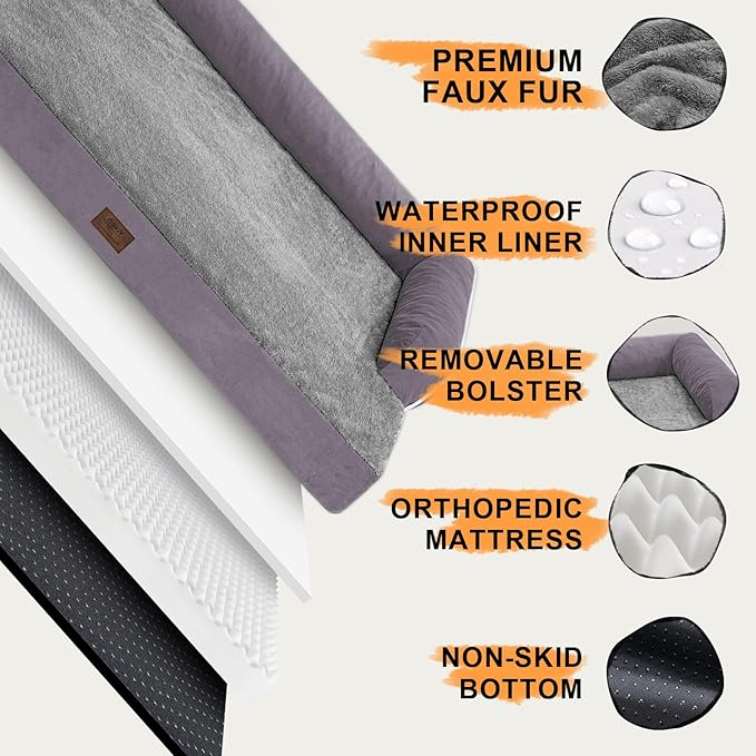 MEKIY Orthopedic Waterproof Dog Bed with Bolster for Extra Large Size Dogs | Pillow Support for Neck Relief, Egg Crate Foam, Waterproof Liner, Anti-Slip Bottom, Removable Bolster Cover, 48 x 33 Inch