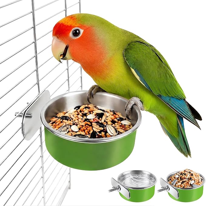 Bird Cage Bowls for Parakeets (2 Pack) - Stainless Steel Food & Water Feeder Cups with Clamp Holder, Hanging Feeder for Budgies, Canary, Conures, Lovebirds, Squirrel & Small Animals