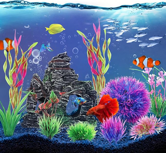 QUOZUO 10pcs Aquarium Artificial Plastic Plants Decorations and Rock Cave Decor Set, Fish Tank Accessories Small Large Fish Bowl Ornaments Set