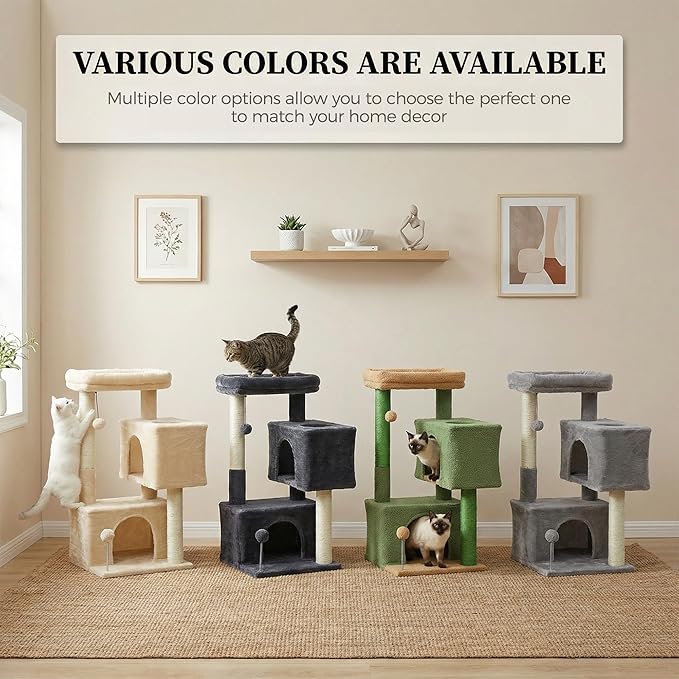 32" Cat Tree Tower for Indoor Cats - 2 Cozy Condos, Multi-Level Cat Scratching Posts with Sisal, Soft Padded Perch, 2 Dangling Toys, Dark Grey