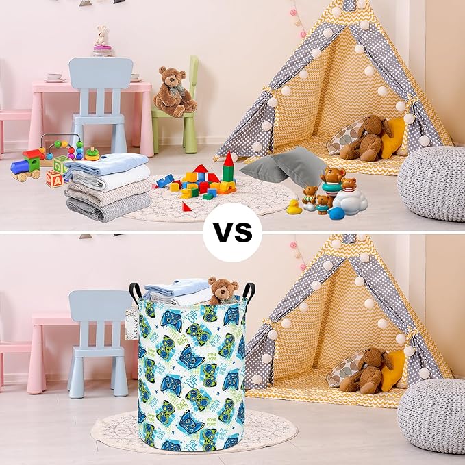 Storage Basket, Nursery Hamper Canvas Laundry Basket Foldable with Waterproof PE Coating Large Storage Baskets for Kids Boys and Girls, Office, Bedroom, Clothes,Toys(Game)