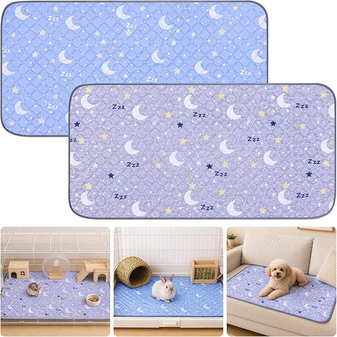 Guinea Pig Cage Liner 2 Pack Super Absorbent Washable Guinea Pig Pee Pads Waterproof Reusable Anti Slip Bedding Pee Pad Mat for Rabbit Bunny Rat Cat (Stars&Moon, 48" x 24" (2 Pack))