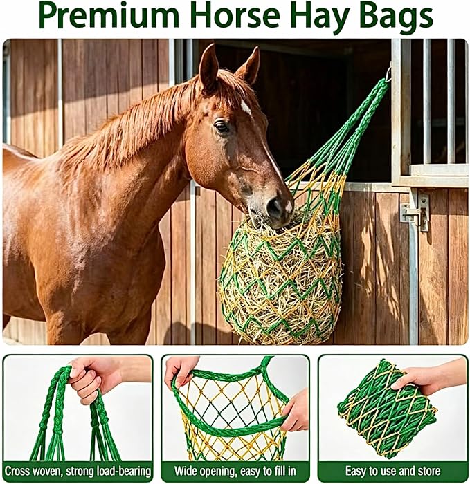 3 PCS Hay Bags for Horses with Carabiners - Heavy Duty Slow Feeder Hay Nets, 2.3-Inch Hole for Horses & Goats, Reduces Waste, Stall Trailer Pasture