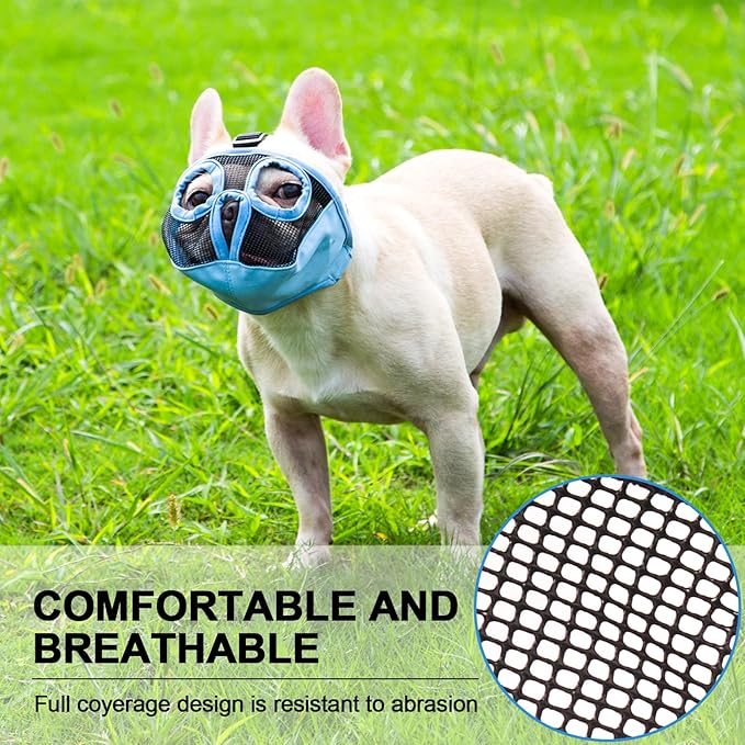 Short Snout Dog Muzzles- Adjustable Breathable Mesh Bulldog Muzzle for Biting Chewing Training Grooming Dog Mask,Blue L