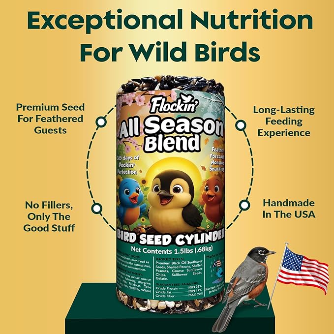 All Year Round Bird Seed Cylinders with Hole – All Season Wild Bird Food for Blue Jays, Cardinals, Doves, Finches & More – High Energy All Natural Blend, No Fillers – USA Made (4" x 7.75") 2 Pack