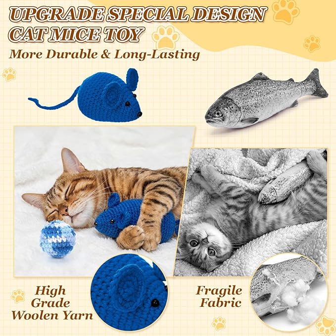 Shappy 16 Pcs Crochet Cat Toys Set, 8 Knitted Mice 8 Cat Ball Toys with Bell Inside, Yarn Mouse Animals for Medium Indoor Cats, Kitten Play Chew Accessories