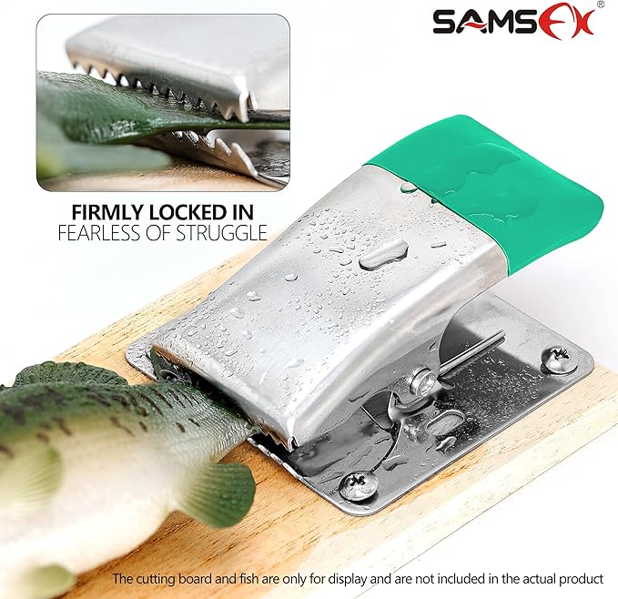 SAMSFX Fish Cleaning Board Tools - Fillet Clamp w/Screws Deep-Jaw Fish Tail Clip Board for Scaling Table Bait with Green Grip