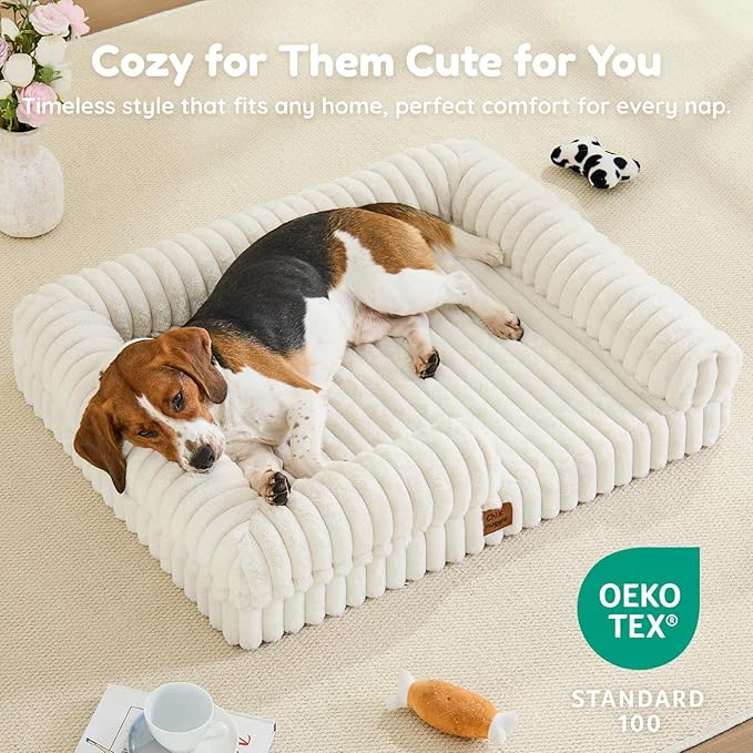 ChiXnuggle Orthopedic Dog Bed with Bolster Sides for Sleeping, Fluffy Plush Rectangular Dog Bed Large Sized Dog, Luxury Striped Faux Fur Waterproof Dog Couch with Removable Washable Cover, Cream