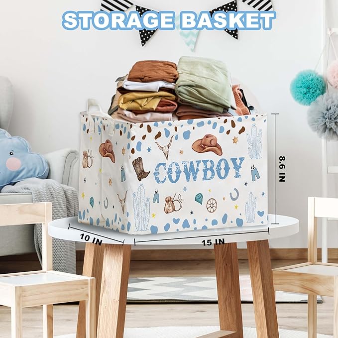 Western Basket for Cowboy Nursery Decor Boy, Blue White Brown Western Toy Bin, Cowboy Baby Shower Decorations, Large Squarecanvas Laundry Hamper With A Waterproof PECoating, Foldable