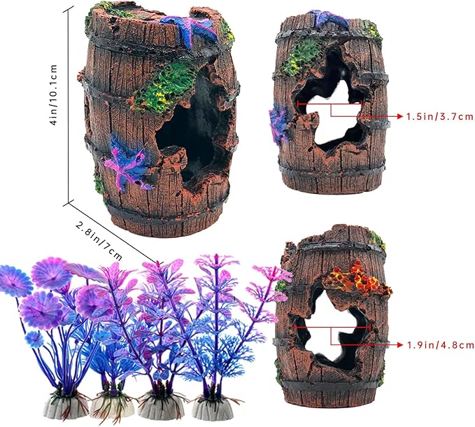 Faeshoo Fish Tank Decoration Betta Fish Tank Decorations Accessories for Aquarium Tank, Starfish Barrel x 1pc, Aquatic Plants x 4pcs