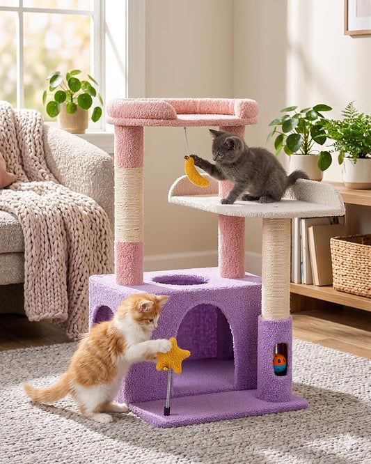 31" Cute Cat Tower for Indoor Kittens with Cat Condo, Plush Platform, Hammock, Sisal Scratching Posts, Dangling Ball, Tall Cat Tree Tower with Self-Grooming Brush (Moonlit Violet)