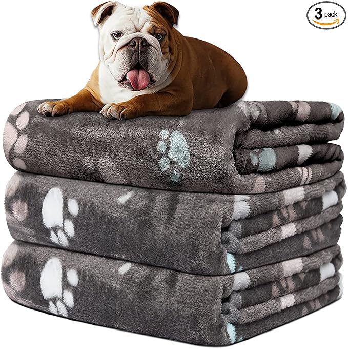Rezutan Dog Blankets for Medium Dogs, Upgraded 3 Pack Dog Cat Blanket Washable, Soft Pet Mat Throw Cover Suitable for Kennel Crate Bed, Cute Paw Pattern, 30"x20", Grey