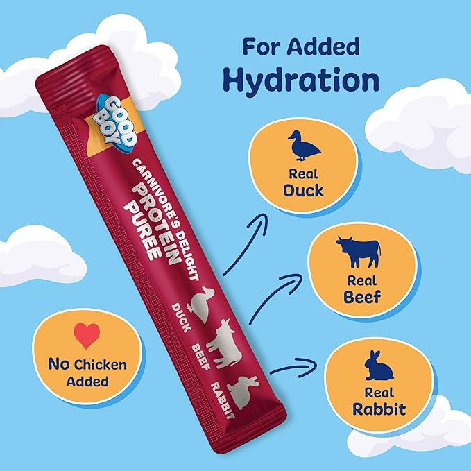 Good Boy Carnivore’s Delight Protein Purees Dog Food Mixers for All Adult Dogs, 10 Count, Easy Single-Serve Triple Flavor Topper Treats with Duck, Beef and Rabbit