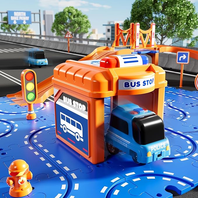 NIPLOOOW Puzzle Race Car Track Set for Kids 3-5, Floor Puzzle Track Car Set, Toddler Toys for 3 4 5 6 Years Old Boys, Toys Gift for Kids Boys Girls Age 3 4 5 6 7 8 Years Old