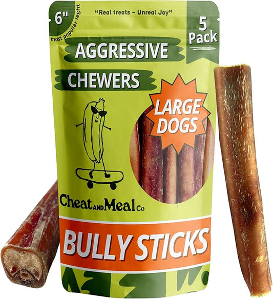 Bully Sticks for Large Dogs - Chew Toys for Aggressive Chewers, Thick 6 Inch (5 Count), 100% Grass-Fed, Single Ingredient, Rawhide-Free, Free Range and Very Long Lansting