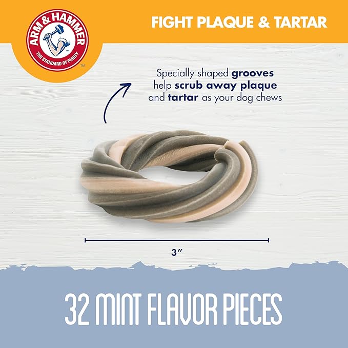 Arm & Hammer Smoothies Dental Chews for Dogs with Baking Soda & Calcium, Fight Bad Breath, Plaque & Tartar without Brushing, Mint Flavor, Ring Shaped, 32 Count, 2.4 lb Bucket