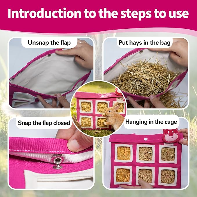 Rabbit Hay Feeder Bag, Guinea Pig Hay Bag for Rabbits Bunnies Guinea Pigs Chinchillas and Small Pets-Promotes Natural Behavior, Reduce Waste, Keep Dry and Maintain Cleanliness